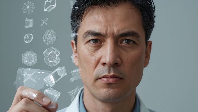Examining transparent cube with holographic projections, middle-aged asian scientist