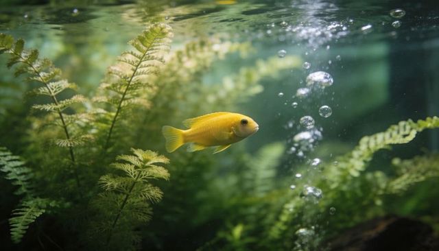 Golden yellow freshwater fish swimming through planted aquarium with rising bubbles