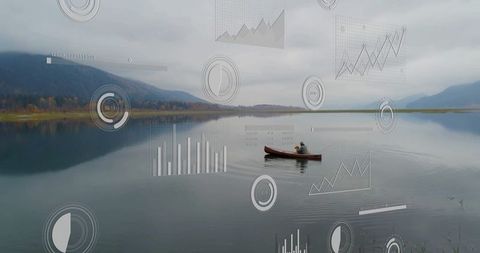 Man Canoeing on Lake with Data Infographics Overlay