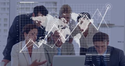 Corporate team collaborating and analyzing global data on laptop with world map overlay