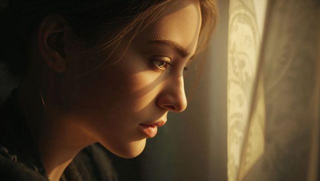 Young woman gazing through sheer curtain, face bathed in warm golden window light