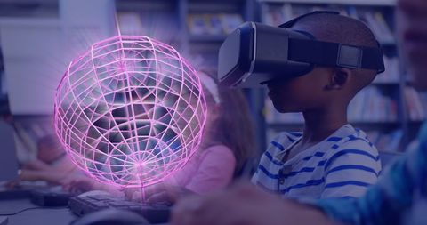 Boy Exploring Virtual World with VR Headset in Library - Download Free Stock Images Pikwizard.com