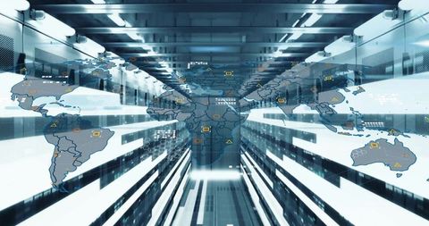 Futuristic Datacenter Aisle with Global Network Mapping