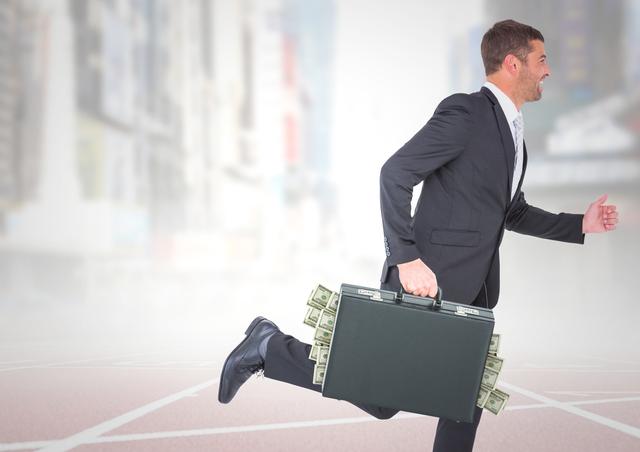 Businessman running on a track with money sticking out of a briefcase in an urban cityscape. The image conveys urgency, economic success, and financial ambition. Ideal for use in business presentations, financial advisories, motivational posters, advertisements related to careers and financial services.
