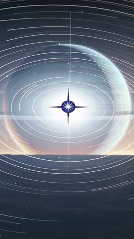 Vertical video expanding celestial orb revealing compass star over calm ocean with orbiting rings