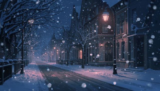 Snowy Winter Night Street with Vintage Lamplights