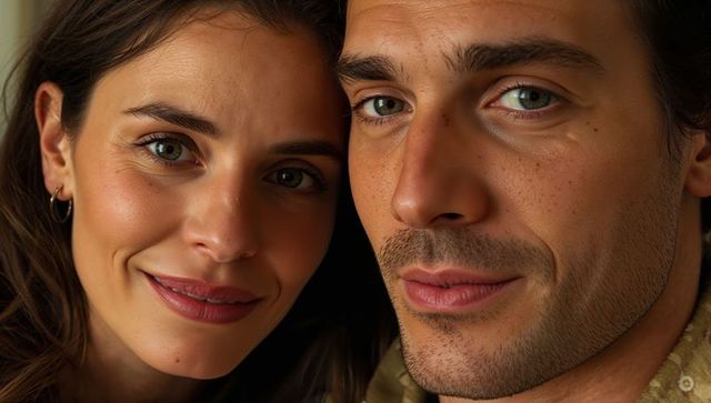 Close-up intimate portrait showing young couple leaning together in warm light, tender gaze