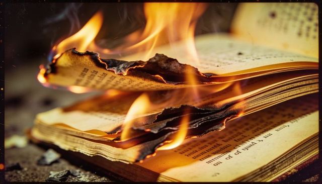 Burning antique book with smoky flames and charred pages on rustic table
