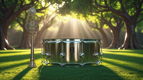 Sunlit snare drum in forest with ceremonial staff