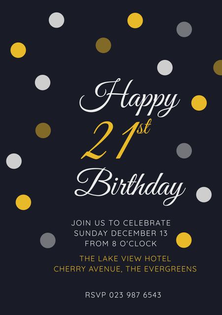 Perfect for creating formal invitation cards for a 21st birthday celebration. This inviting design features elegant gold and silver confetti on a sophisticated dark background, ideal for both digital and printed invites. Suitable for use by event planners, individuals hosting birthday parties, or those in need of a professional and stylish party invitation.