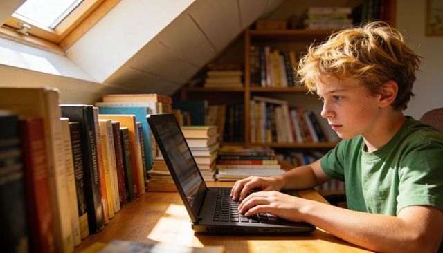 Sunlit attic teen typing on laptop at book-lined desk, focused study and remote learning