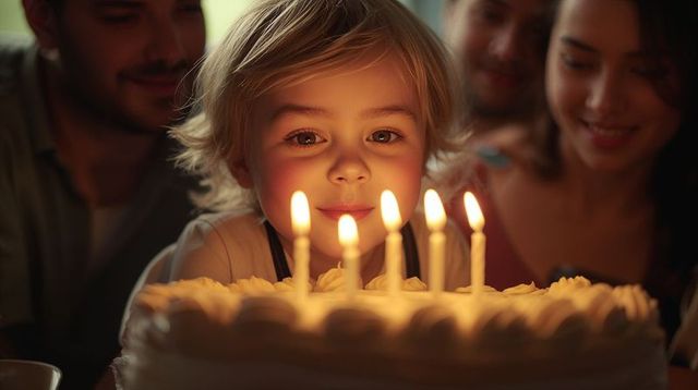 Young Child Blowing Out Five Candles on Birthday Cake with Smiling Parents