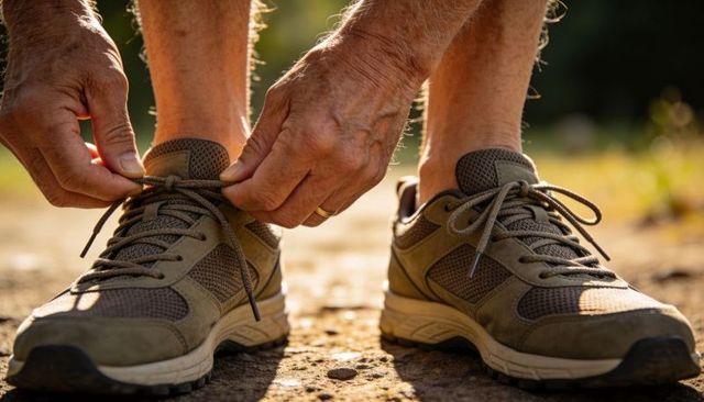 Senior man tying walking shoes on trail with gold wedding band at golden hour