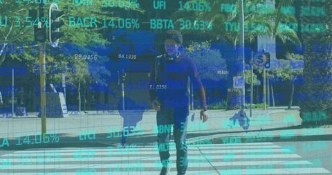 Urban pedestrian crossing with finance data overlay and digital ticker graphics
