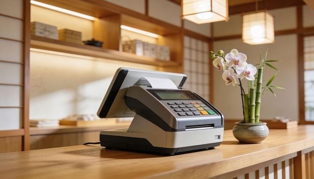 Contactless pos terminal with tablet and card reader on japanese wood counter with orchid