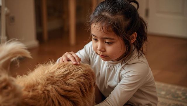 Young girl petting golden retriever on cozy living room rug, tender family moment