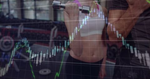 Gym partners lifting weights with stock market candlestick overlay representing performance and grow