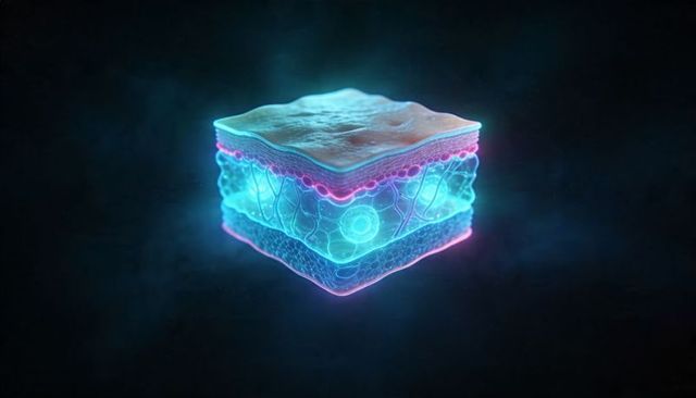 Glowing 3D Skin Cross-Section Cube Floating with Neon Cyan and Pink Bioluminescent Layers