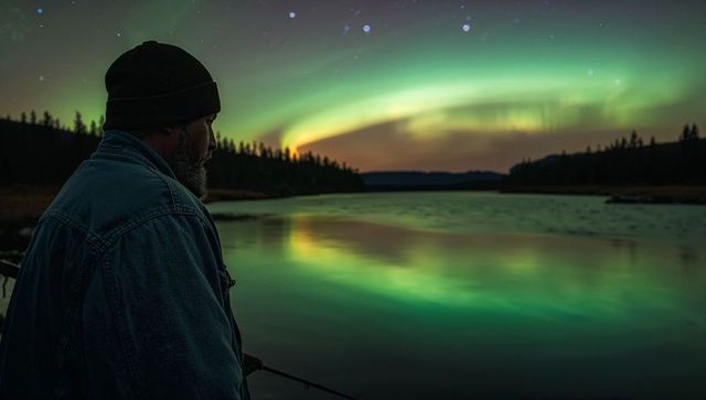 Bearded angler watching aurora borealis over tranquil lake at night with fishing rod
