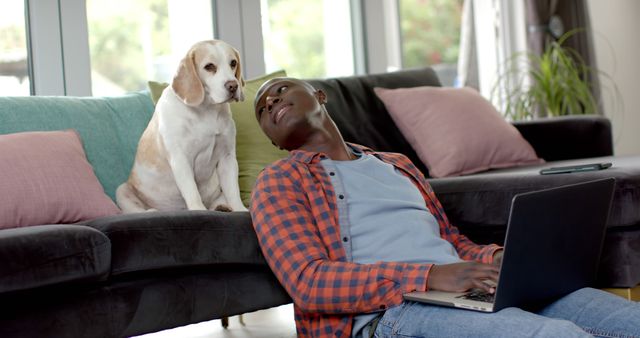 Man using a laptop while leaning on a couch, with a beagle dog sitting nearby and observing him. Ideal for content on remote work, pet-friendly lifestyles, leisure activities, and home-based work setups.