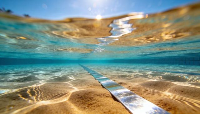 Shimmering metal lane marker leading toward sunlit surface over sandy pool bottom