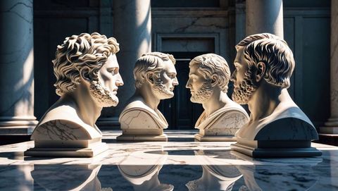 Elegant classical marble busts in sunlit gallery, talking heads concept