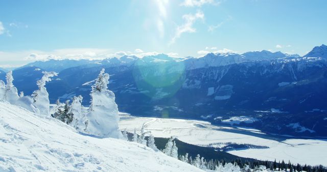 Snow-covered trees stand in the foreground of a breathtaking mountain landscape, with copy space. The clear blue sky and radiant sunlight accentuate the serene beauty of the winter scenery.