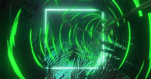 Futuristic Neon Green Geometric Shapes with Tropical Palm Leaves