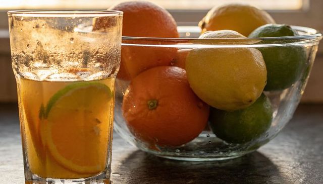 Bubbling citrus drink with sliced orange and backlit bowl of lemons, limes, oranges