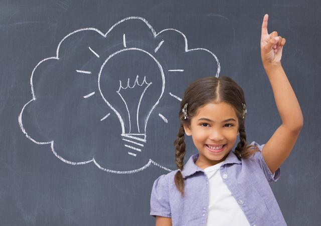 Young girl excitedly raising her hand in front of blackboard with idea lightbulb drawing. Perfect for educational content, school marketing materials, and articles about learning and creativity.