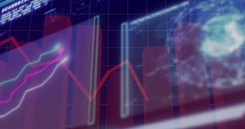 Futuristic financial dashboard displaying neon bar chart and trend lines over global grid