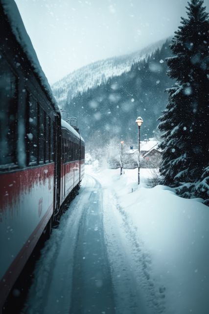 Image of train traveling through snowy mountain landscape at dusk. Beautiful scene with snow-covered trees and tracks. Mountain slopes are visible, adding to the serene, picturesque winter atmosphere. Ideal for use in travel blogs, winter destination promotions, adventure magazines, and holiday advertisements.