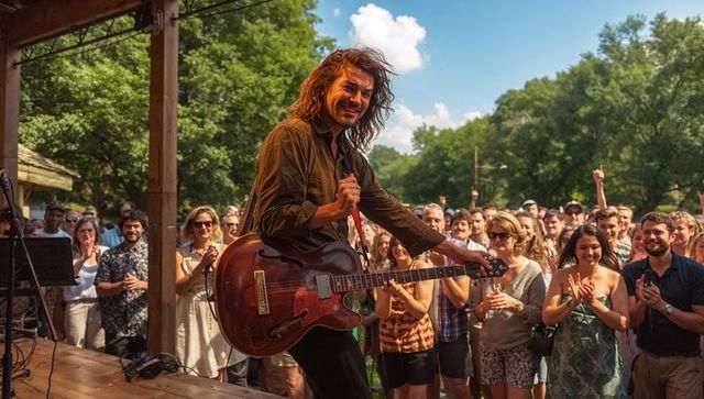 Smiling guitarist playing hollow-body guitar on wooden outdoor stage at summer festival