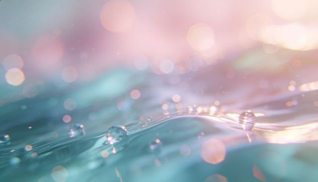 Shimmering pastel water surface with bokeh droplets, shallow ripples and luminous beads