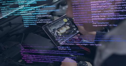 Female Technician Inspecting PCB and Hard Drive Assembly with Code Overlay, Close-Up Macro