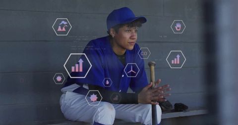 Female Baseball Player Sitting with Digital Stats Icons