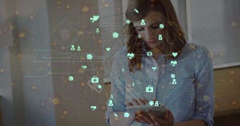 Businesswoman Connecting with Digital Network Icons Overlay - Download Free Stock Images Pikwizard.com