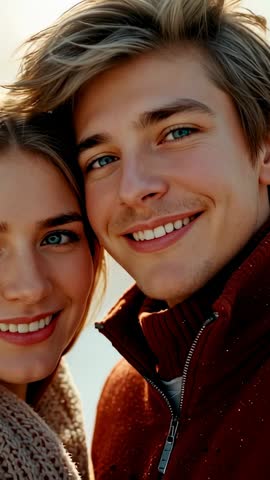 Couple Taking Selfie in Golden Sunlight Smiling Close-Up Vertical Video