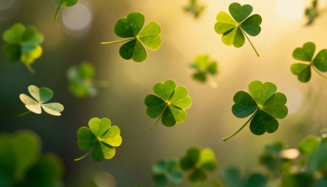Sunlit floating clover leaves with warm bokeh for st patrick day and wellness