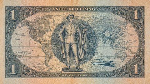 Vintage Banknote Design with Cloaked Statue and Globe Motif