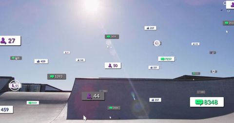 Augmented reality overlay featuring social badges and counters over urban skatepark