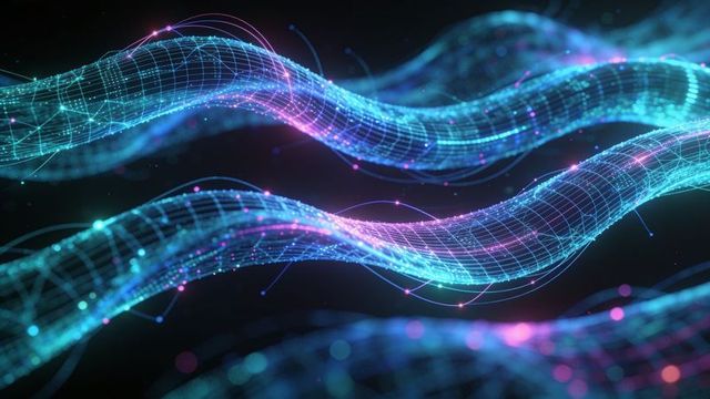 Glowing neural data ribbons flowing through 3d grid mesh in neon cyan and magenta