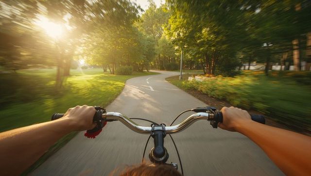 Cyclist riding through sunlit park path, hands gripping handlebars at golden hour