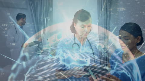 Global Healthcare: Diverse Medical Team with Infant and Digital Interface