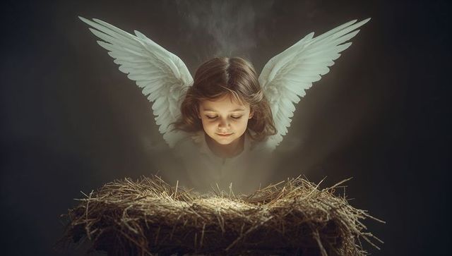 Young angel gazing into glowing straw nest