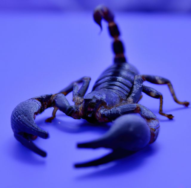 Image of close up of black scorpion on purple background. Dangerous animals, wildlife and nature concept.