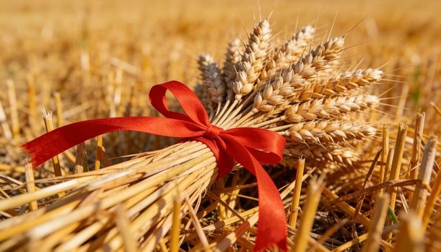 Golden wheat sheaf tied with red ribbon on harvested field during golden hour sunlit bokeh
