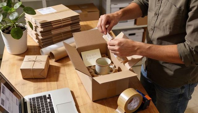 Small Business Owner Packing Ceramic Mug for Shipping in Home Workshop with Laptop