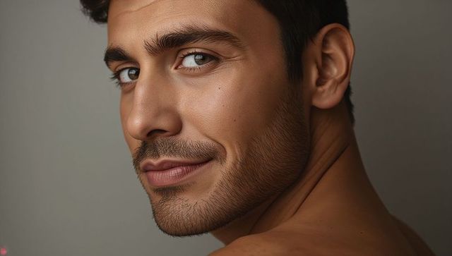 Confident Shirtless Young Man Over-Shoulder Closeup Portrait with Groomed Stubble