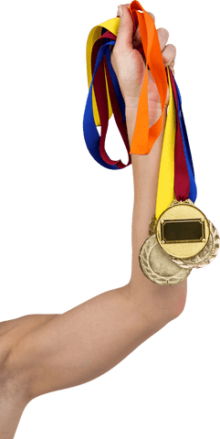 Triumphant Athlete Holding Multiple Gold Medals with Transparent Background